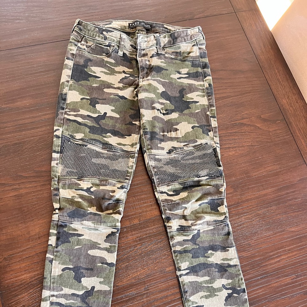 Fade to Blue studded moto stretch denim in camo print in super skinny